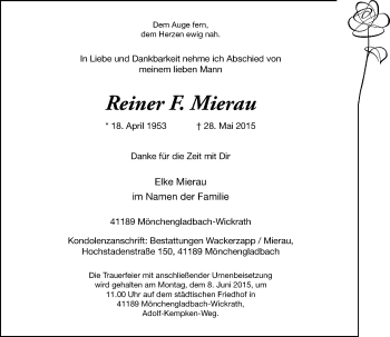 Todesanzeige von Reiner F. Mierau von Rheinische Post