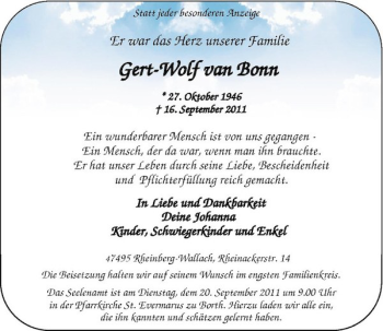 Todesanzeige von Gert-Wolf van Bonn von Rheinische Post