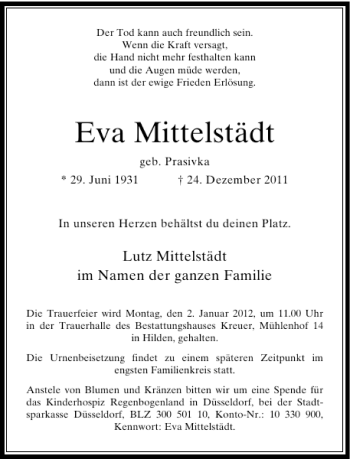 Todesanzeige von Eva Mittelstädt von Rheinische Post