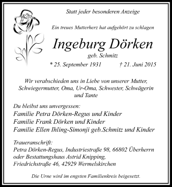Todesanzeige von Ingeburg Dörken von Rheinische Post