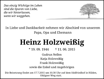Todesanzeige von Heinz Holzweißig von Rheinische Post