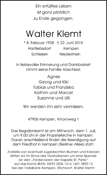 Todesanzeige von Walter Klemt von Rheinische Post