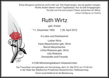 Todesanzeige von Ruth Wirtz von Rheinische Post