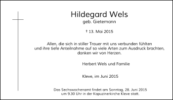 Todesanzeige von Hildegard Wels von Rheinische Post