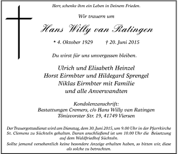 Todesanzeige von Hans Willy van Ratingen von Rheinische Post