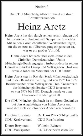 Todesanzeige von Nachruf Nachruf Die CDU Mönchengladbach trauert um ihren Ehrenvorsitzenden von Rheinische Post