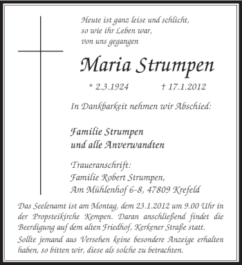 Todesanzeige von Maria Strumpen von Rheinische Post