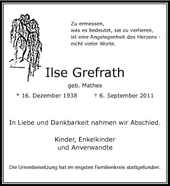 Todesanzeige von Ilse Grefrath von Rheinische Post