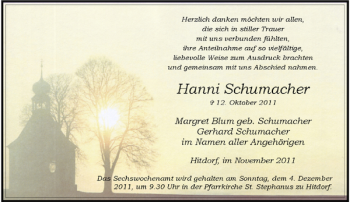 Todesanzeige von Hanni Schumacher von Rheinische Post