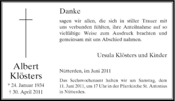 Todesanzeige von Albert Klösters von Rheinische Post