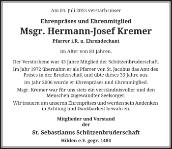 Todesanzeige von Hermann-Josef Kremer von Rheinische Post