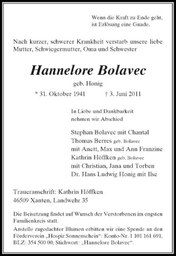 Todesanzeige von Hannelore Bolavec von Rheinische Post