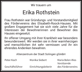 Todesanzeige von Erika Rothstein von Rheinische Post