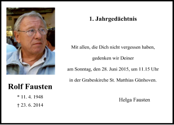 Todesanzeige von Rolf Fausten von Rheinische Post