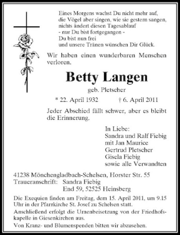 Todesanzeige von Betty Langen von Rheinische Post