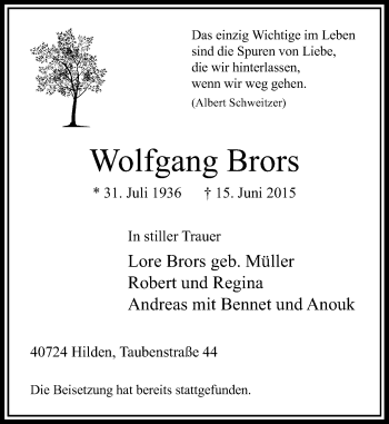 Todesanzeige von Wolfgang Brors von Rheinische Post