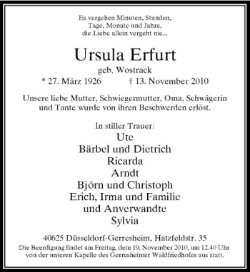 Todesanzeige von Ursula Erfurt von Rheinische Post