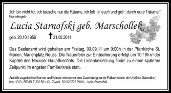 Todesanzeige von Anstelle zugedachter Blumen und Kränze erbitten wir eine Zuwendung an die Palliativstation der Uniklinik Düsseldorf Kto 1000 1550 BLZ 300 501 10 - Zweck 701320723 PM01 - Lucia Starnofski von Rheinische Post