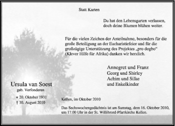 Todesanzeige von van Soest von Rheinische Post