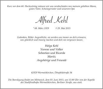 Todesanzeige von Alfred Kehl von Rheinische Post