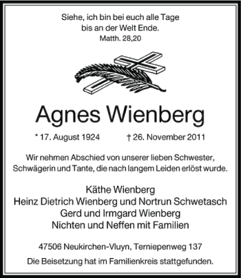Todesanzeige von Agnes Wienberg von Rheinische Post