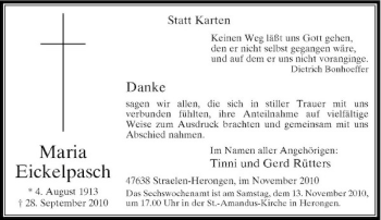 Todesanzeige von Maria Eickelpasch von Rheinische Post