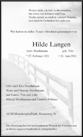 Todesanzeige von Hilde Langen von Rheinische Post