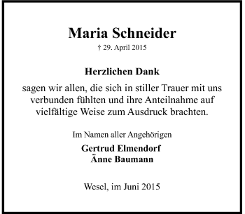 Todesanzeige von Maria Schneider von Rheinische Post