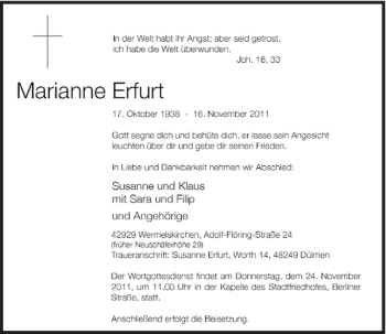 Todesanzeige von Marianne Erfurt von Rheinische Post