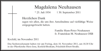 Todesanzeige von Magdalene Neuhausen von Rheinische Post