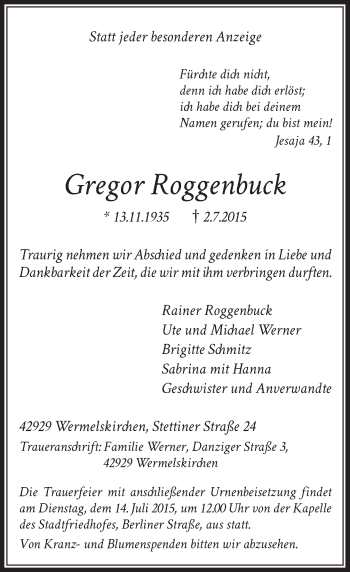 Todesanzeige von Gregor Roggenbuck von Rheinische Post
