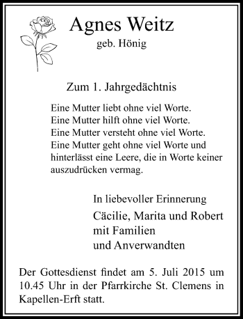 Todesanzeige von Agnes Weitz von Rheinische Post