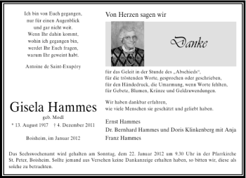 Todesanzeige von Gisela Hammes von Rheinische Post