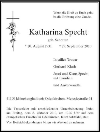 Todesanzeige von Katharina Specht von Rheinische Post