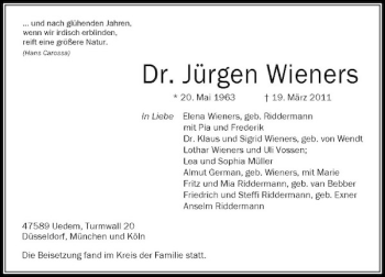 Todesanzeige von Dr. Jürgen Wieners von Rheinische Post