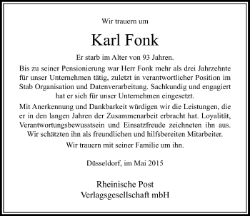 Todesanzeige von Karl Fonk von Rheinische Post