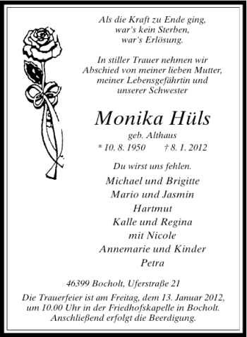 Todesanzeige von Monika Hüls von Rheinische Post