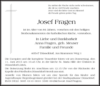 Todesanzeige von Josef Fragen von Rheinische Post