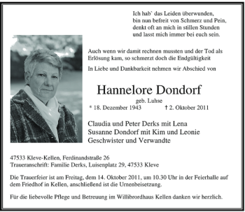 Todesanzeige von Hannelore Dondorf von Rheinische Post