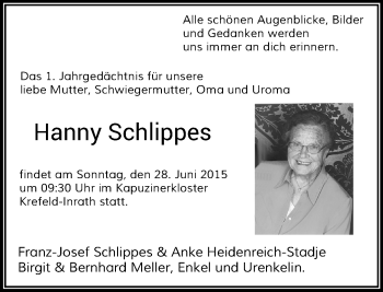 Todesanzeige von Hanny Schlippes von Rheinische Post