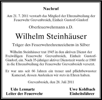 Todesanzeige von Nachruf Am 21. 7. 2011 verstarb das Mitglied der Ehrenabteilung der Feuerwehr Grevenbroich Einheit Gustorf-Gindorf Oberfeuerwehrmann a.D. von Rheinische Post