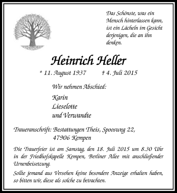 Todesanzeige von Heinrich Heller von Rheinische Post