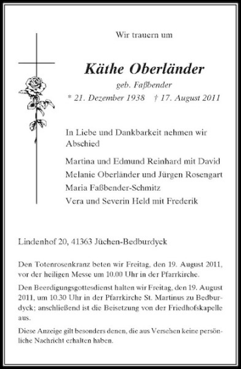 Todesanzeige von Käthe Oberländer von Rheinische Post