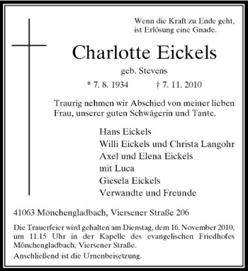 Todesanzeige von Charlotte Eickels von Rheinische Post