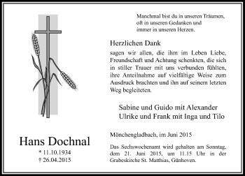 Todesanzeige von Hans Dochnal von Rheinische Post