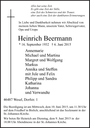 Todesanzeige von Heinrich Beermann von Rheinische Post