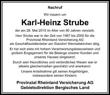 Todesanzeige von Karl-Heinz Strube von Rheinische Post