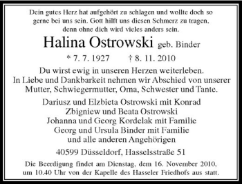 Todesanzeige von Halina Ostrowski von Rheinische Post
