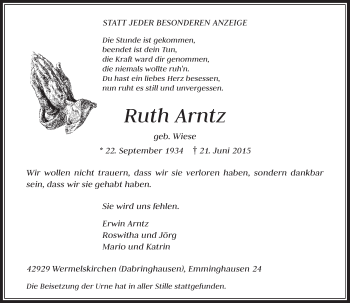 Todesanzeige von Ruth Arntz von Rheinische Post