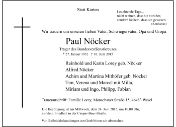 Todesanzeige von Paul Nöcker von Rheinische Post